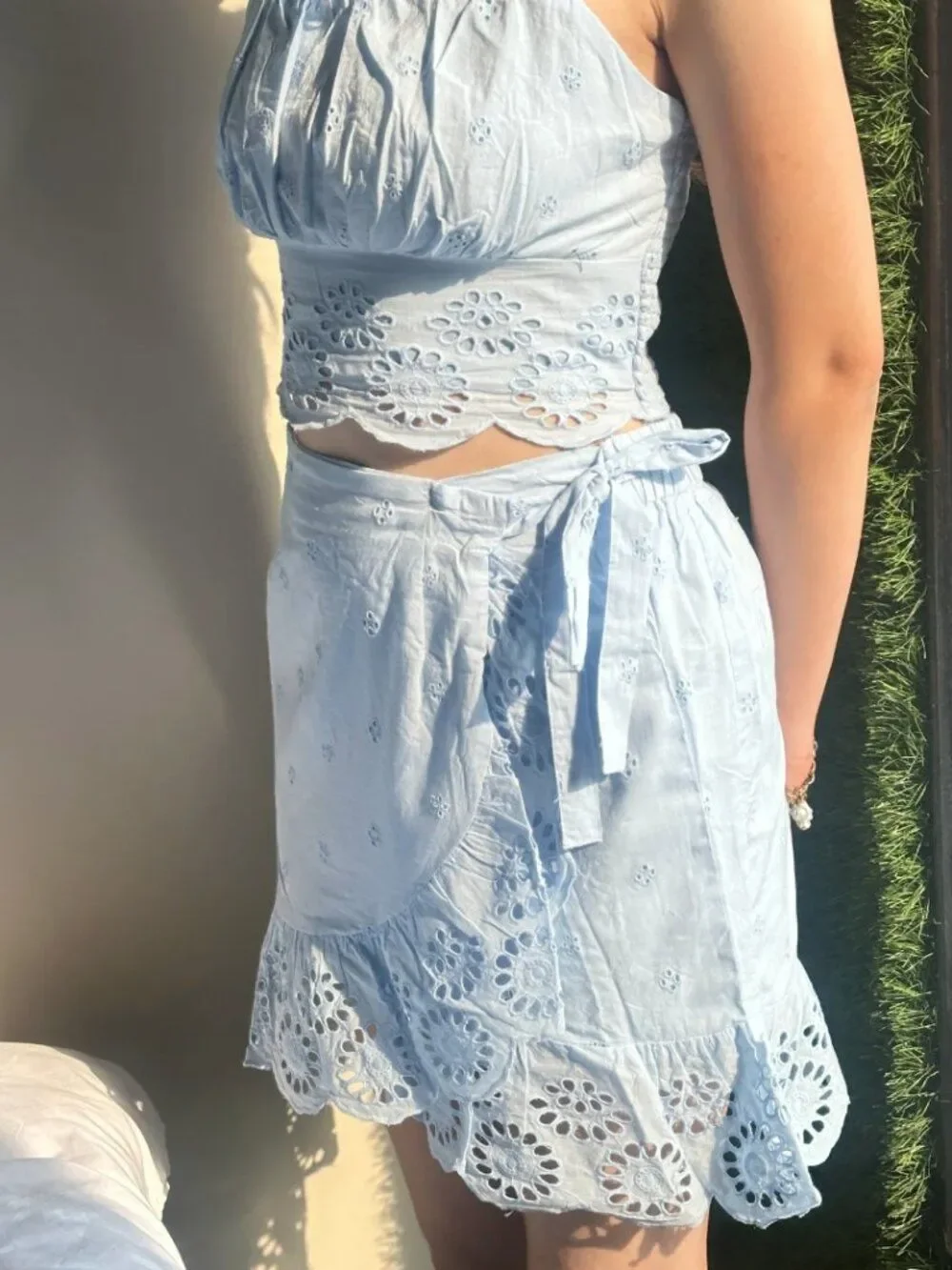 Jopna Baby Blue Eyelet Two-Piece Set –Crop Top & Wrap Skirt / Size L